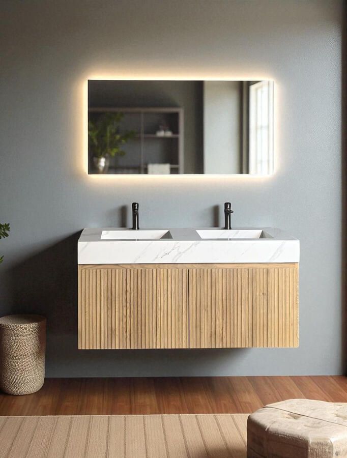 Casajoy Badmeubel Bold Onderkast 120 cm Met Strepen Eiken Met Sintered Stone Wastafel Wit