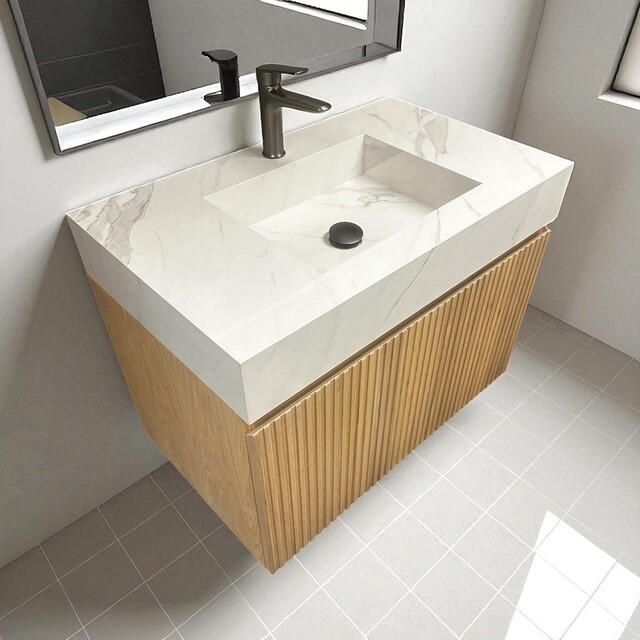 Casajoy Badmeubel Bold Onderkast 80 cm Met Strepen Eiken Met Sintered Stone Wastafel Wit