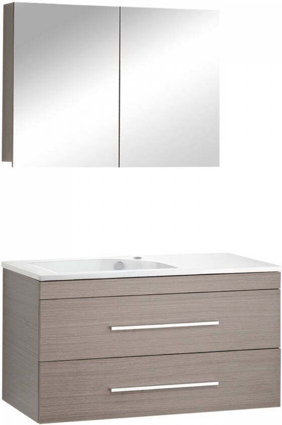 Differnz Style badkamermeubelset 100cm Keramiek wastafelblad met standaard greep met spiegelkast met 1 wasbak Grijs Eiken 36.704.16