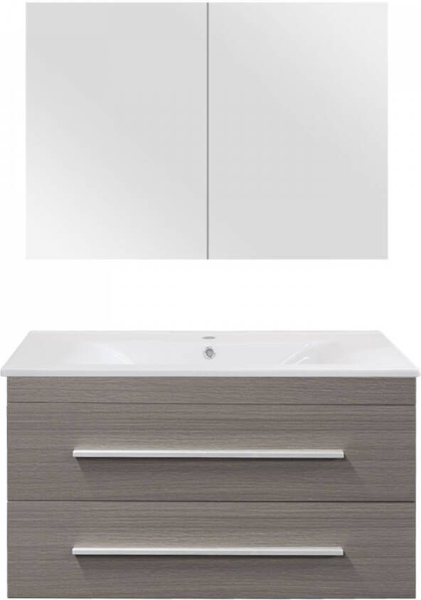 Differnz Style badkamermeubelset 90cm Keramiek wastafelblad met standaard greep met spiegelkast met 1 wasbak Grijs Eiken 36.701.36