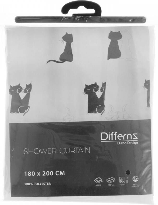 Differnz Cats douchegordijn met verzwaarde onderzoom 180 x 200 cm zwart wit