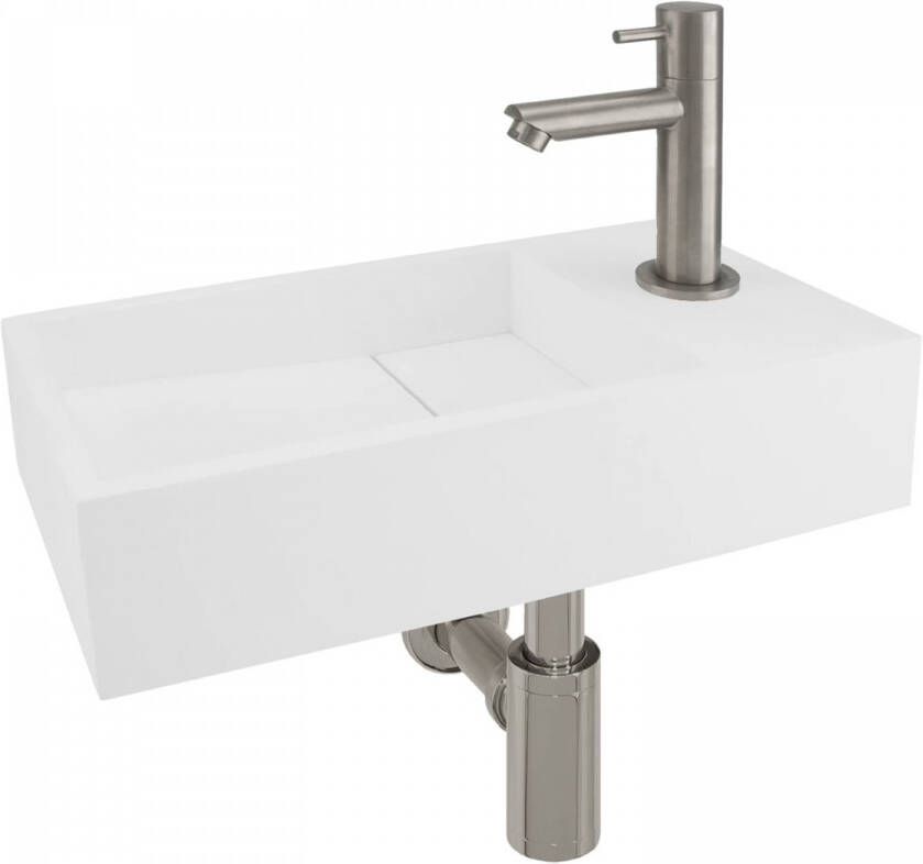 Differnz Fonteinset Rechts 36x18.5x9 cm Solid Surface Mat Wit (inclusief mat verchroomde kraan sifon en afvoer)