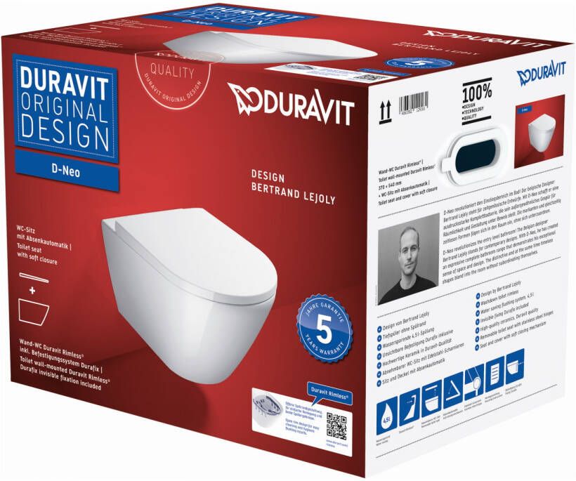 Duravit D-Neo pack rimless hangend toilet diepspoel inclusief softclose- en quick release-zitting en Durafix 37 x 54 x 40 cm hoogglans wit