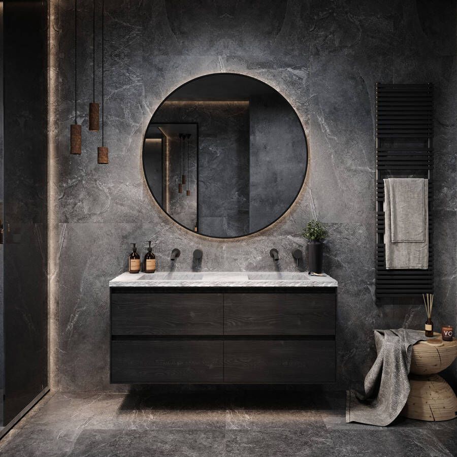 Forzalaqua Badkamermeubelset Nova Doppio Carrara Reno 2.0 Black Oiled 140 cm Met 2 Kraangaten