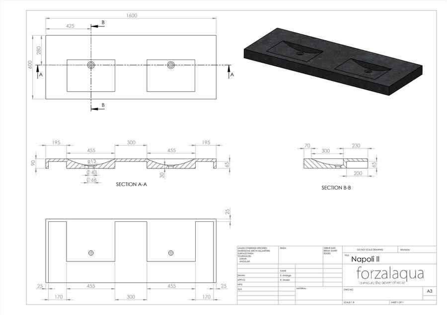 Forzalaqua Wastafel Napoli II Travertin Gezoet 160x60x9 cm Zonder Kraangat