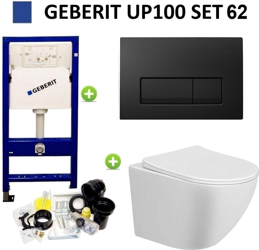 Geberit UP100 Toiletset Compleet | Inbouwreservoir | Mudo Randloos | Drukplaat | Delta 50 Mat Zwart