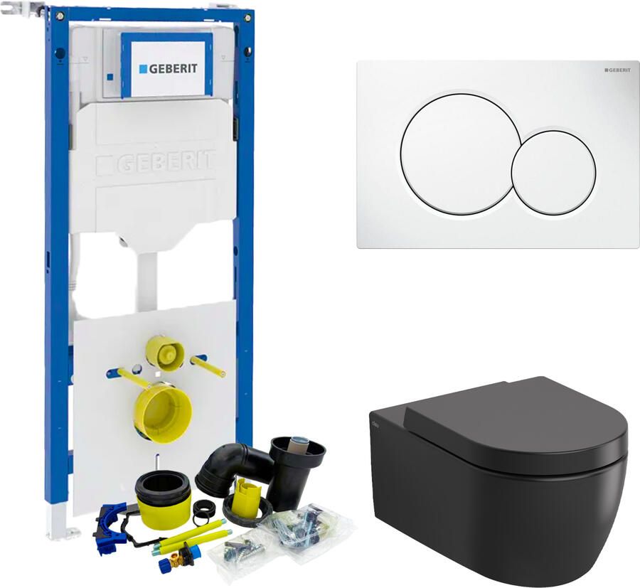 Geberit UP320 Toiletset Compleet | Inbouwreservoir | Wandcloset Met Drukplaat | Clou New Hammock 54 cm | Mat Zwart