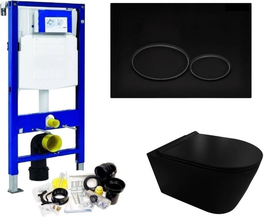 Geberit UP320 Toiletset Compleet | Inbouwreservoir | Civita Black Randloos Mat Zwart | Set 44 met drukplaat