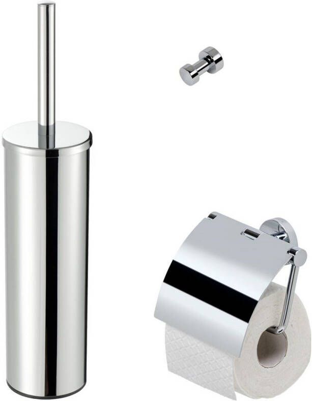 GEESA Nemox accessoire SET: toiletrolhouder met klep toiletborstelhouder wand closetborstel + extra borstel zwart haak chroom