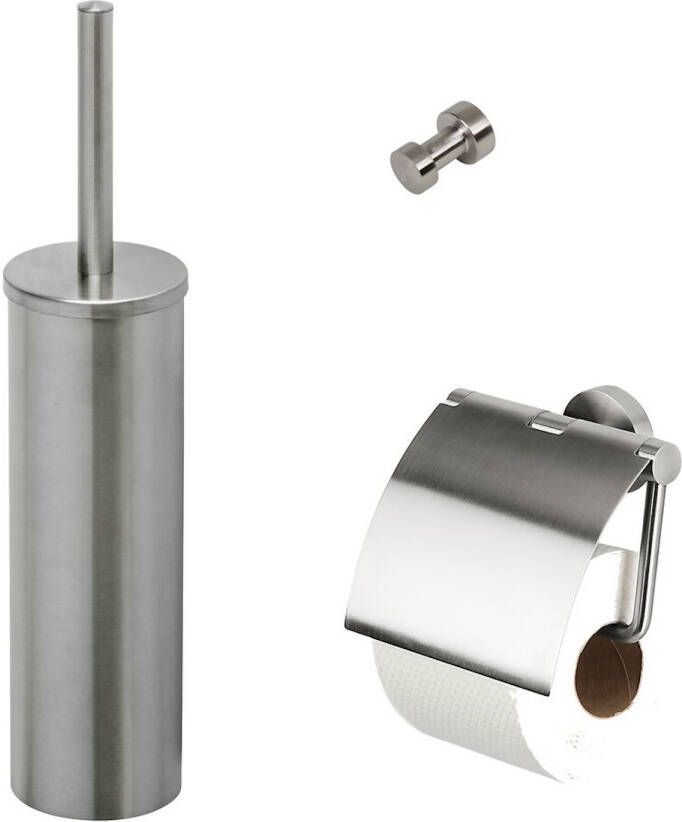 Geesa Nemox Toiletaccessoireset Toiletborstel met houder Toiletrolhouder met klep Handdoekhaak RVS geborsteld 916500-05-115