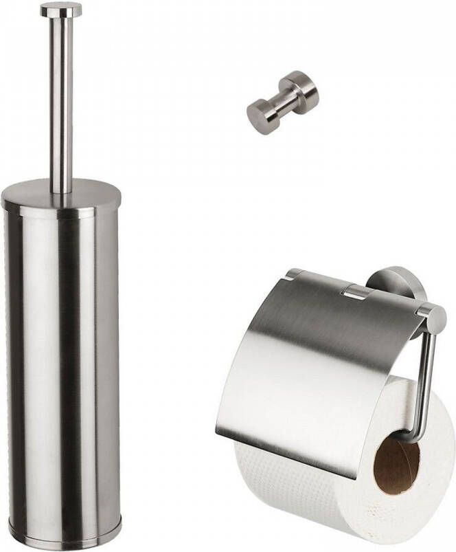 Geesa Nemox Toiletaccessoireset Toiletborstel met houder Toiletrolhouder met klep Handdoekhaak RVS geborsteld 91650005115