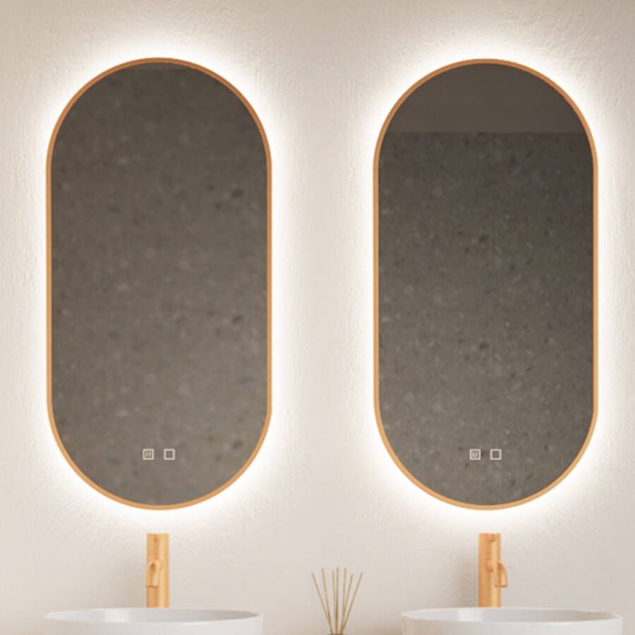 Gliss Design Spiegel Aura 40x100 cm Koper Ovaal Met LED Verlichting & Geïntegreerde Spiegelverwarming