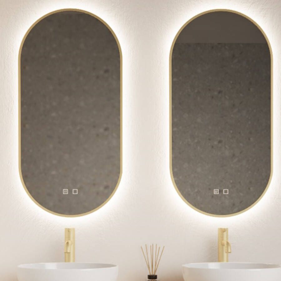 Gliss Design Spiegel Aura 40x100 cm Mat Goud Ovaal Met LED Verlichting & Geïntegreerde Spiegelverwarming
