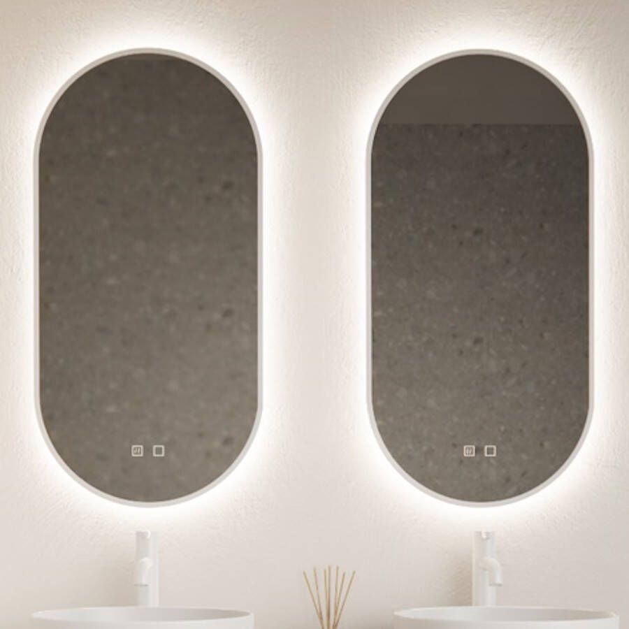 Gliss Design Spiegel Aura 40x100 cm Mat Wit Ovaal Met LED Verlichting & Geïntegreerde Spiegelverwarming