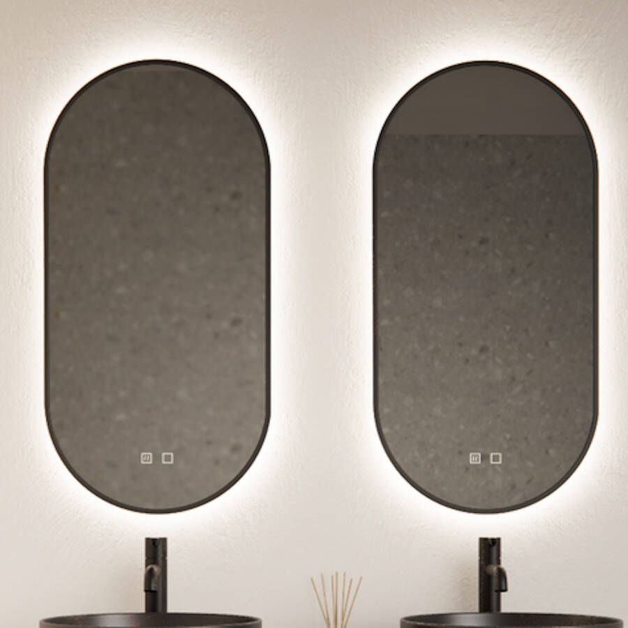 Gliss Design Spiegel Aura 40x100 cm Mat Zwart Ovaal Met LED Verlichting & Geïntegreerde Spiegelverwarming