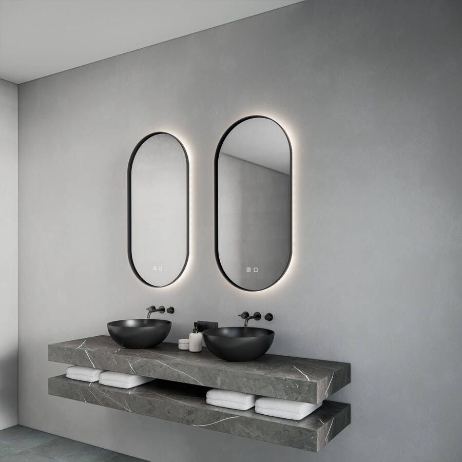 Gliss Design Spiegel Aura 50x100cm Mat Zwart Ovaal Met LED Verlichting & Geïntegreerde Spiegelverwarming