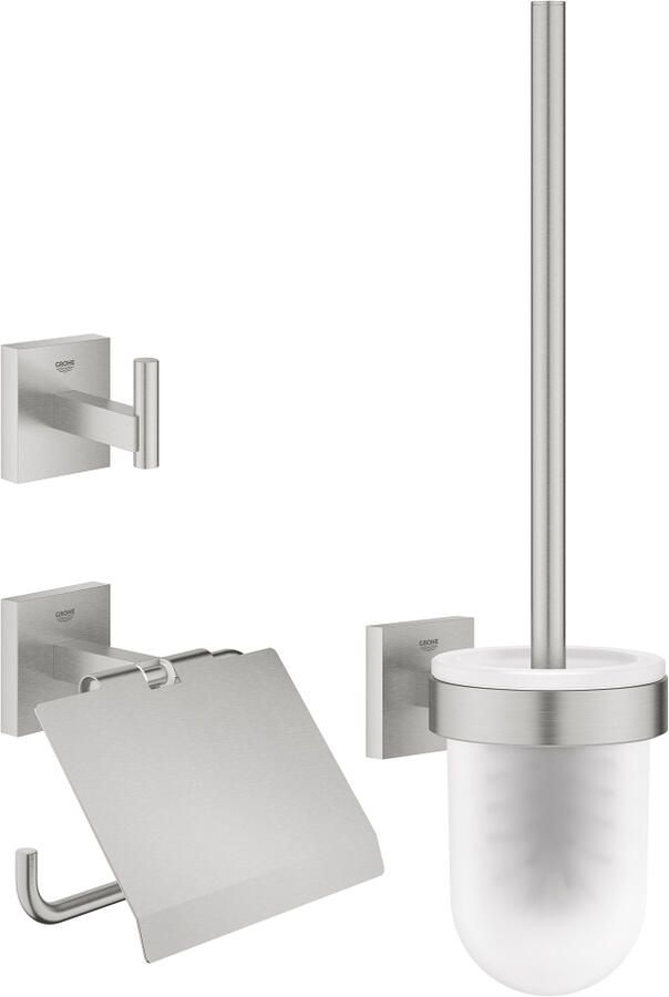 Grohe Start Cube accessoiresset 3-in-1 closetrolhouder met klep handdoekhaak met closetborstelgarnituur met glazen inzet supersteel 41123dc0