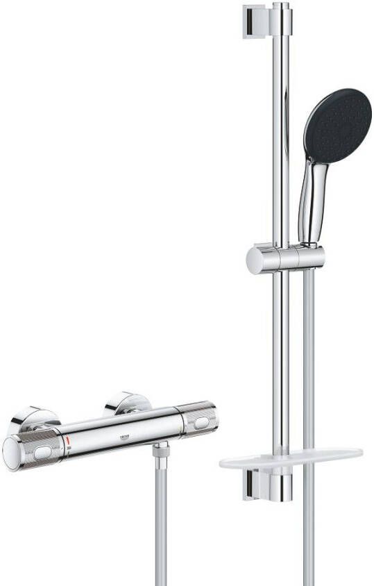 Grohe Precision Feel Doucheset thermostatische kraan met glijstangset 60cm ronde handdouche 3 straalsoorten gladde doucheslang chroom 34791001