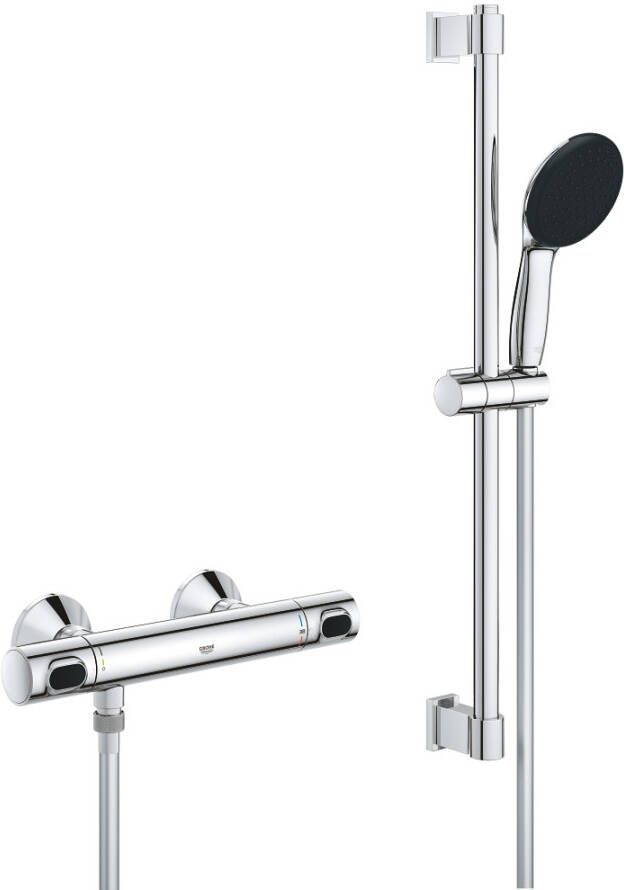 Grohe Precision Flow Doucheset thermostatische douchekraan met glijstangset 60cm ronde handdouche 1 straalsoort gladde doucheslang chroom 34800001