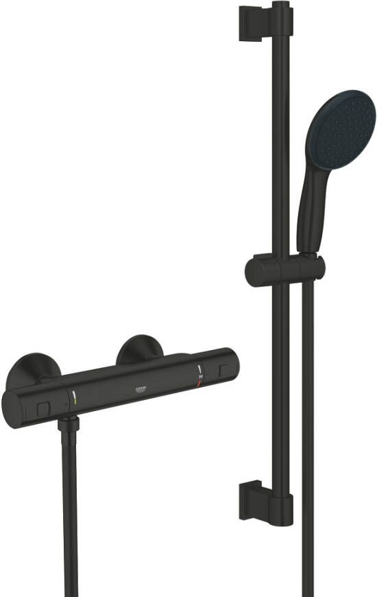 Grohe Precision Start Doucheset thermostatische douchekraan met glijstangset 60cm ronde handdouche 1 straalsoort gladde doucheslang mat zwart 345972431