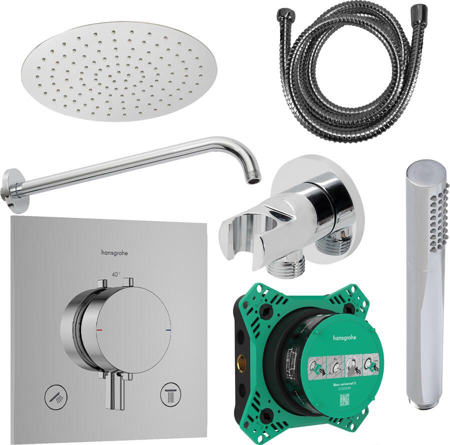 Hansgrohe Ecostat Regendoucheset Inbouw Wanduitloop met Handdouche en Hoofddouche 30cm Thermostaat Rond Chroom
