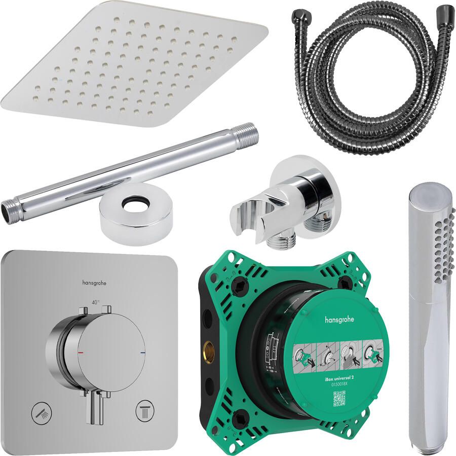 Hansgrohe Regendouche Inbouw Ecostat Plafonduitloop met Handdouche en Hoofddouche 20 cm Thermostaat Vierkant Afgerond Chroom