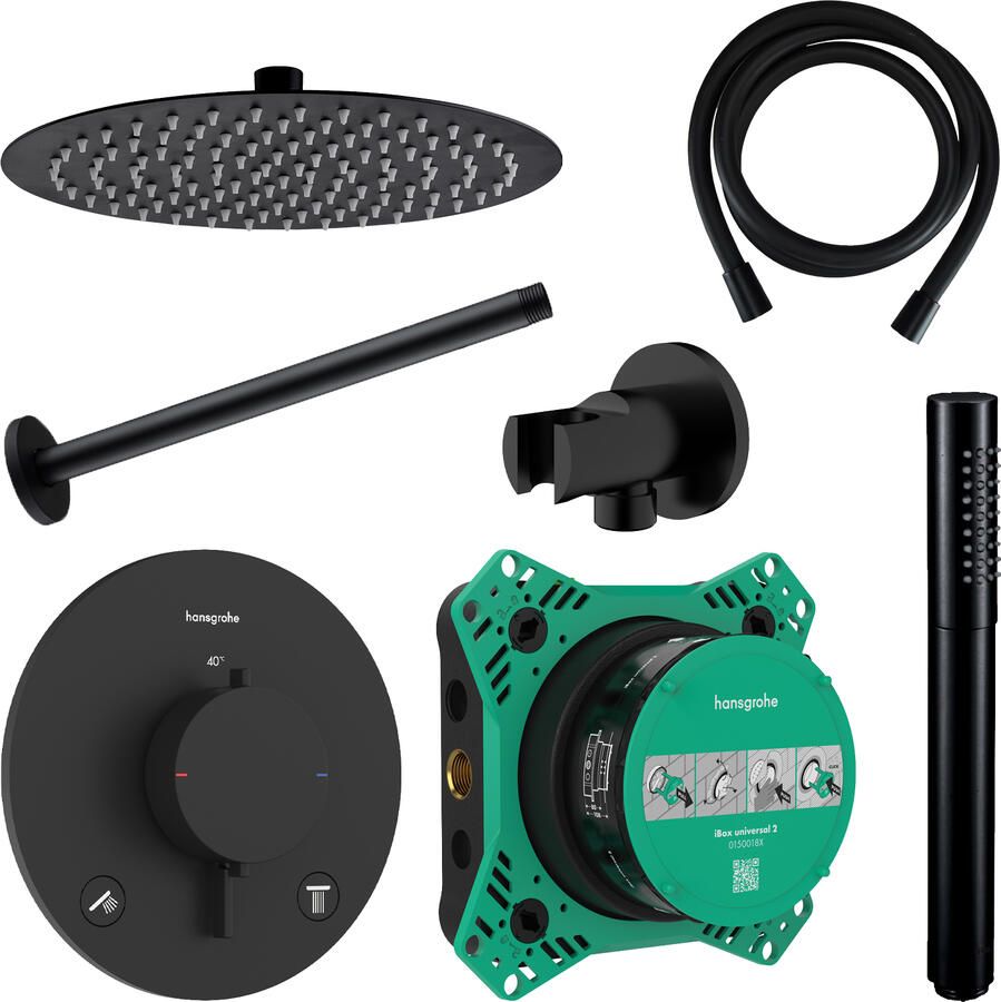 Hansgrohe Regendouche Inbouw Ecostat Plafonduitloop met Handdouche en Hoofddouche 30 cm Thermostaat Rond Mat Zwart - Foto 1