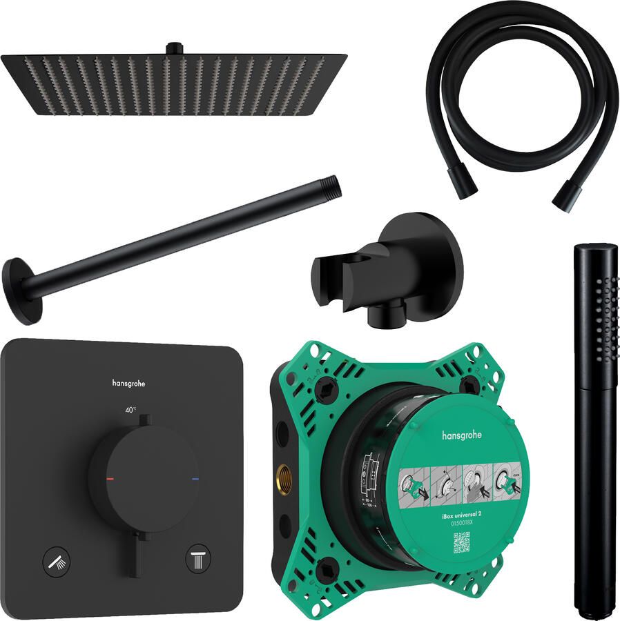 Hansgrohe Regendouche Inbouw Ecostat Plafonduitloop met Handdouche en Hoofddouche 30 cm Thermostaat Vierkant Afgerond Mat Zwart
