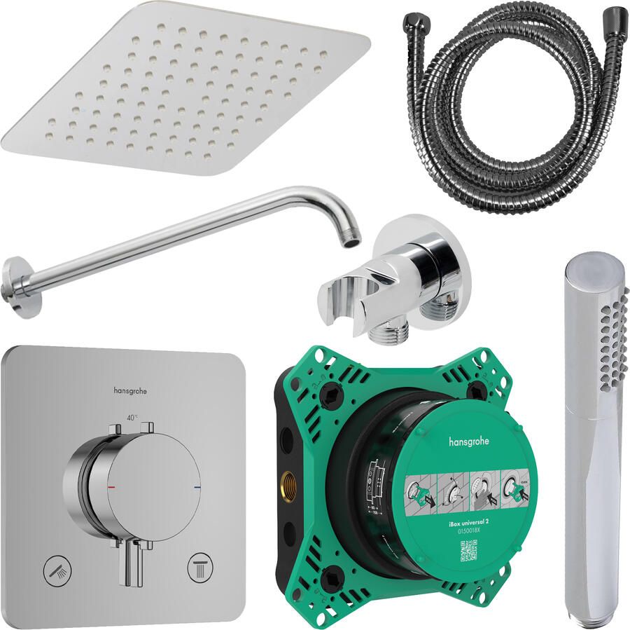 Hansgrohe Regendouche Inbouw Ecostat Wanduitloop met Handdouche en Hoofddouche 20 cm Thermostaat Vierkant Afgerond Chroom
