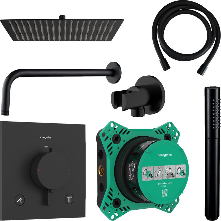 Hansgrohe Regendouche Inbouw Ecostat Wanduitloop met Handdouche en Hoofddouche 20 cm Thermostaat Vierkant Mat Zwart