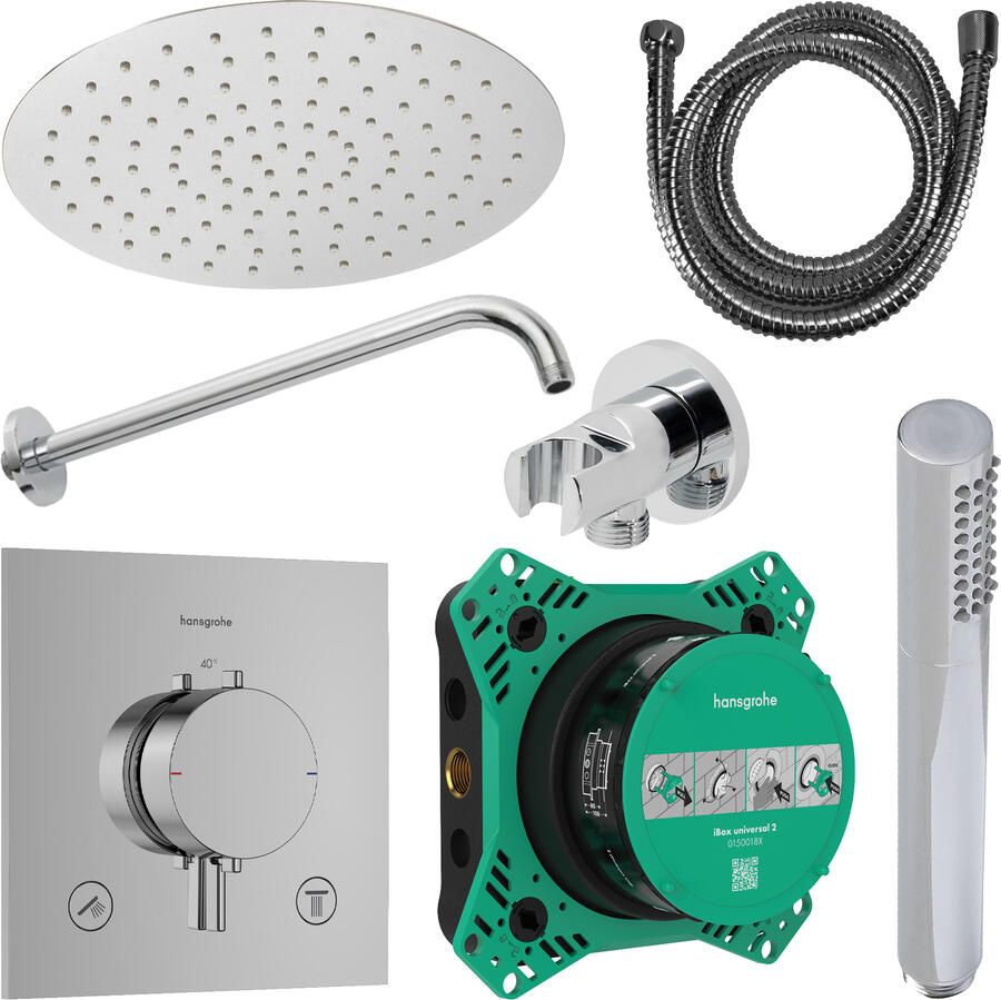 Hansgrohe Regendouche Inbouw Ecostat Wanduitloop met Handdouche en Hoofddouche 30 cm Thermostaat Vierkant Chroom