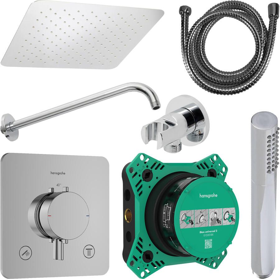 Hansgrohe Regendouche Inbouw Ecostat Wanduitloop met Handdouche en Hoofddouche 30 cm Thermostaat Vierkant Afgerond Chroom