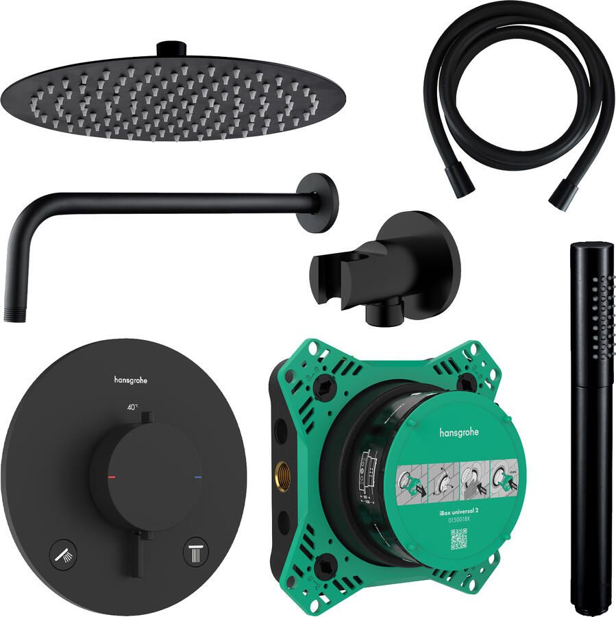 Hansgrohe Regendouche Inbouw Ecostat Wanduitloop met Handdouche en Hoofddouche 20 cm Thermostaat Rond Mat Zwart