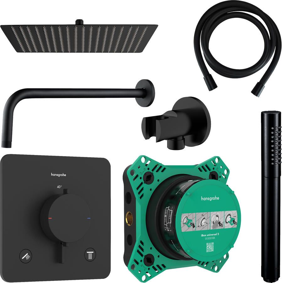 Hansgrohe Regendouche Inbouw Ecostat Wanduitloop met Handdouche en Hoofddouche 20 cm Thermostaat Vierkant Afgerond Mat Zwart