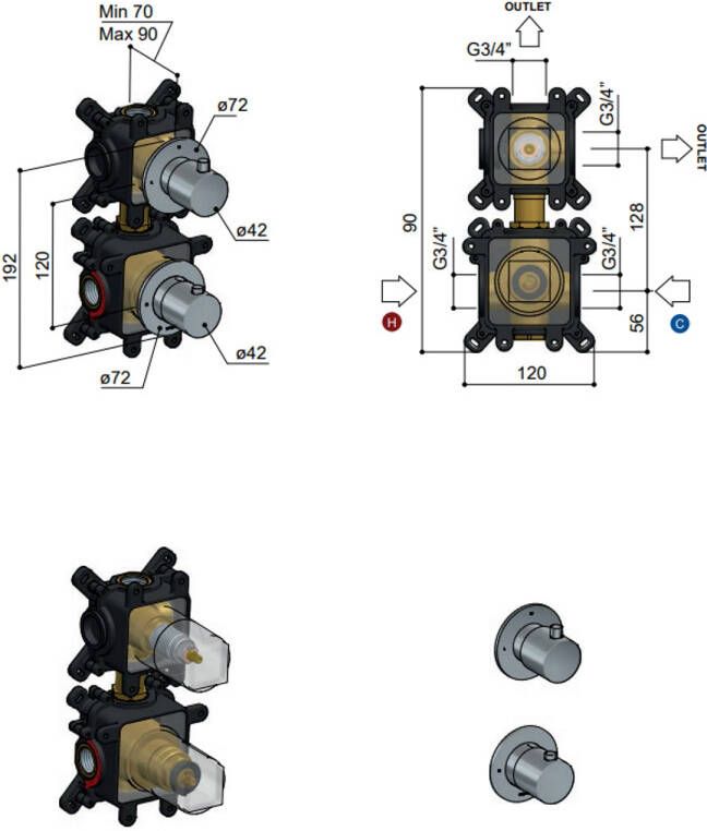 Hotbath Cobber CB7009EXT afbouwdeel 2-weg omstel horizontaal verticaal Gepolijst Messing