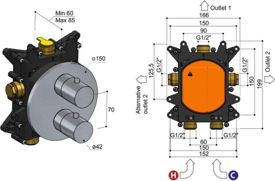 Hotbath Archie High Flow Inbouwbox Thermostaat Met 2 Wegs Omstel RVS 316 MB009