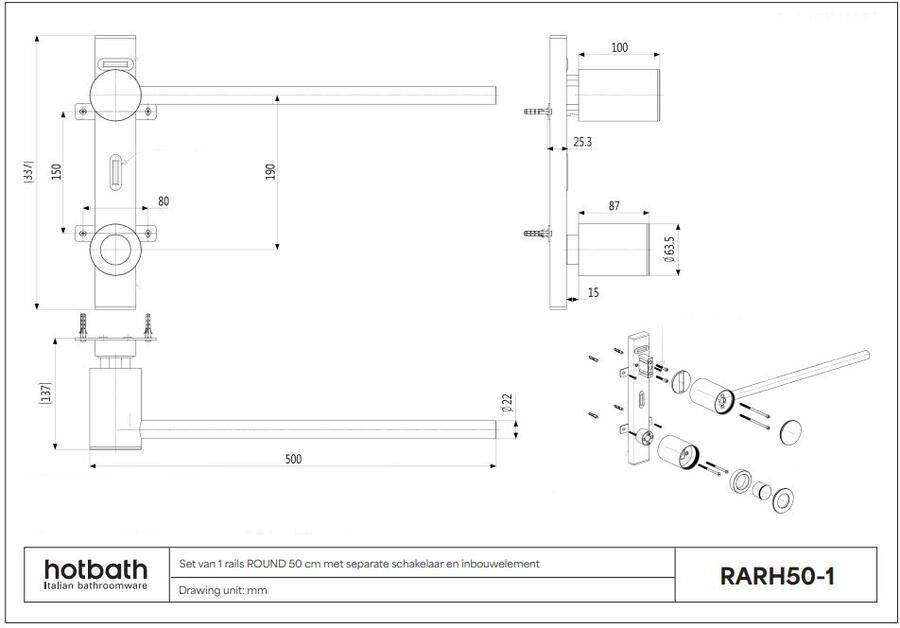 Hotbath &MORE set van 1 rails RARH 50 ROUND 50 cm met separate schakelaar en inbouw element Geborsteld Gunmetal PVD (RARH50-1BGP)
