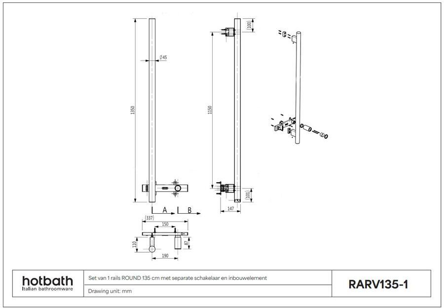 Hotbath &MORE set van 1 rails RARV135 ROUND135 cm met separate schakelaar en inbouw element Geborsteld Messing PVD (RARV135-1BBP)