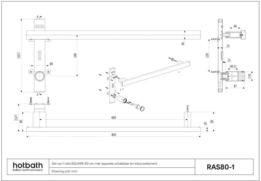 Hotbath &MORE set van 1 rails RAS80 SQUARE 80 cm met separate schakelaar en inbouw element Geborsteld Koper PVD (RAS80-1BCP)