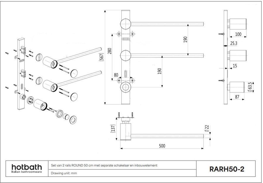 Hotbath &MORE set van 2 rails RARH50 ROUND 50 cm met separate schakelaar en inbouw element Geborsteld Messing PVD (RARH50-2BBP)