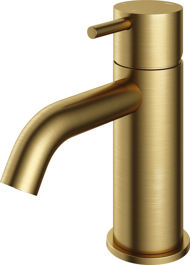 Hotbath Cobber 1-hendel wastafelmengkraan 14 3 cm hoog met gebogen uitloop van 10 7 cm geborsteld messing PVD