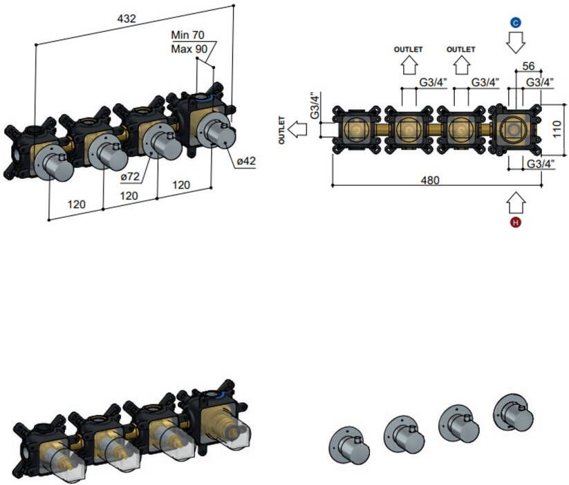 Hotbath Inbouwdeel Douchethermostaat Cobber Met 3 Stopkranen Horizontaal en Verticaal Zwart Chroom