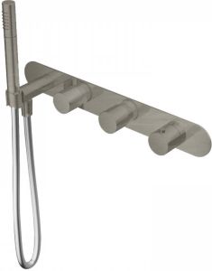 Douche Concurrent Badkraan Hotbath Buddy Inbouw Thermostatisch Rond Geborsteld Nikkel 3 Greeps met Handdoucheset