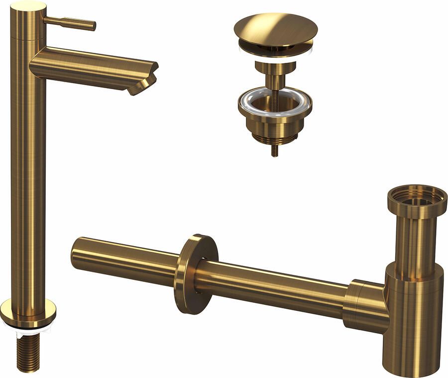 Ink 2A Fonte raanset staande Fonte raan hoog always open plug en designSifon Brushed mat goud 9902413