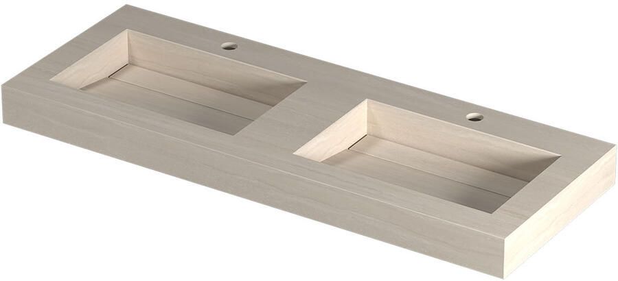 INK Pitch Wastafel keramische slab bak dubbel met drain en front en side skirts 2 kraangaten 120x45x9 Travertin mat
