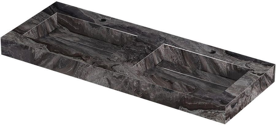 INK Pitch Wastafel keramische slab bak dubbel met drain en front en side skirts 2 kraangaten 120x45x9 Venice brown glossy