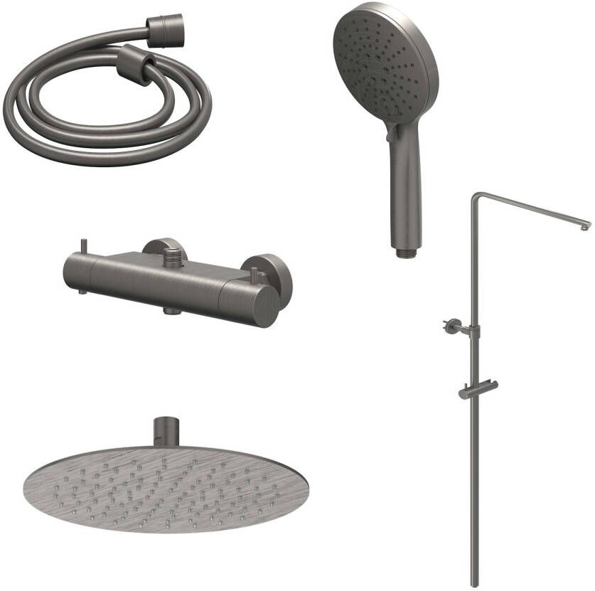 IVY Regendoucheset Bond Opbouw Thermostatisch 25 cm Slim Rond 3-Standen Handdouche Geborsteld Metal Black PVD