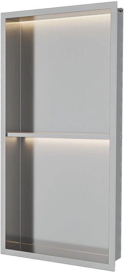Luca Sanitair Inbouwnis Nissen 2-Vaks 30x60x6 5cm Met LED Verlichting 3000K RVS Geborsteld Nikkel