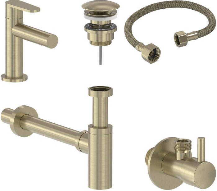 MAY Fonteinkraan Combiset+ Forma S Model Fonteinkraan Designplug Always Open Designsifon & Hoekstopkraan Geborsteld Mat Goud PVD