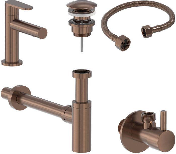 MAY Fonteinkraan Combiset+ Forma S Model Fonteinkraan Designplug Always Open Designsifon & Hoekstopkraan Geborsteld Mat Koper PVD